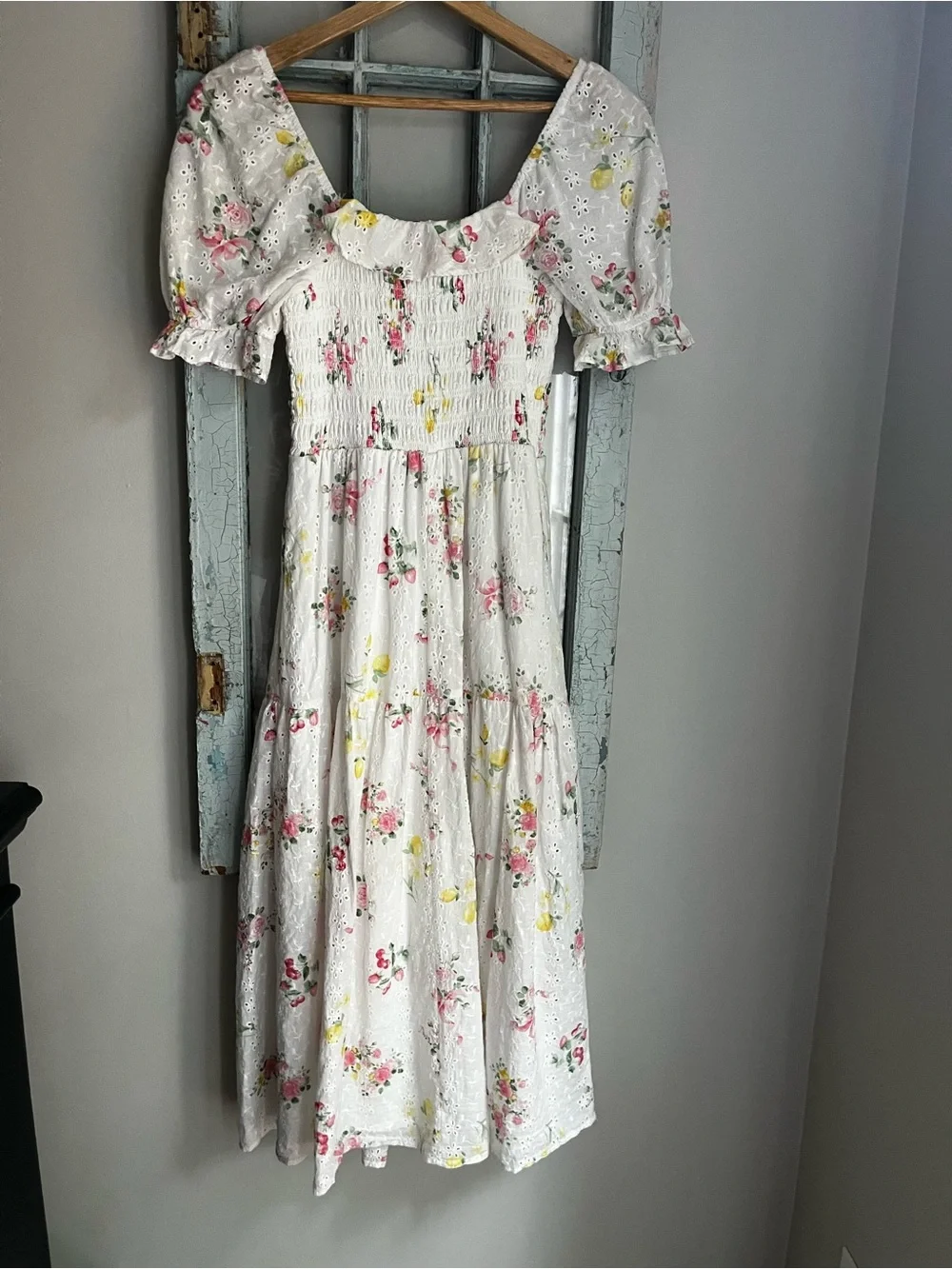 Crystal Sky Floral Eyelet Smocked Midi Dress - Size XS